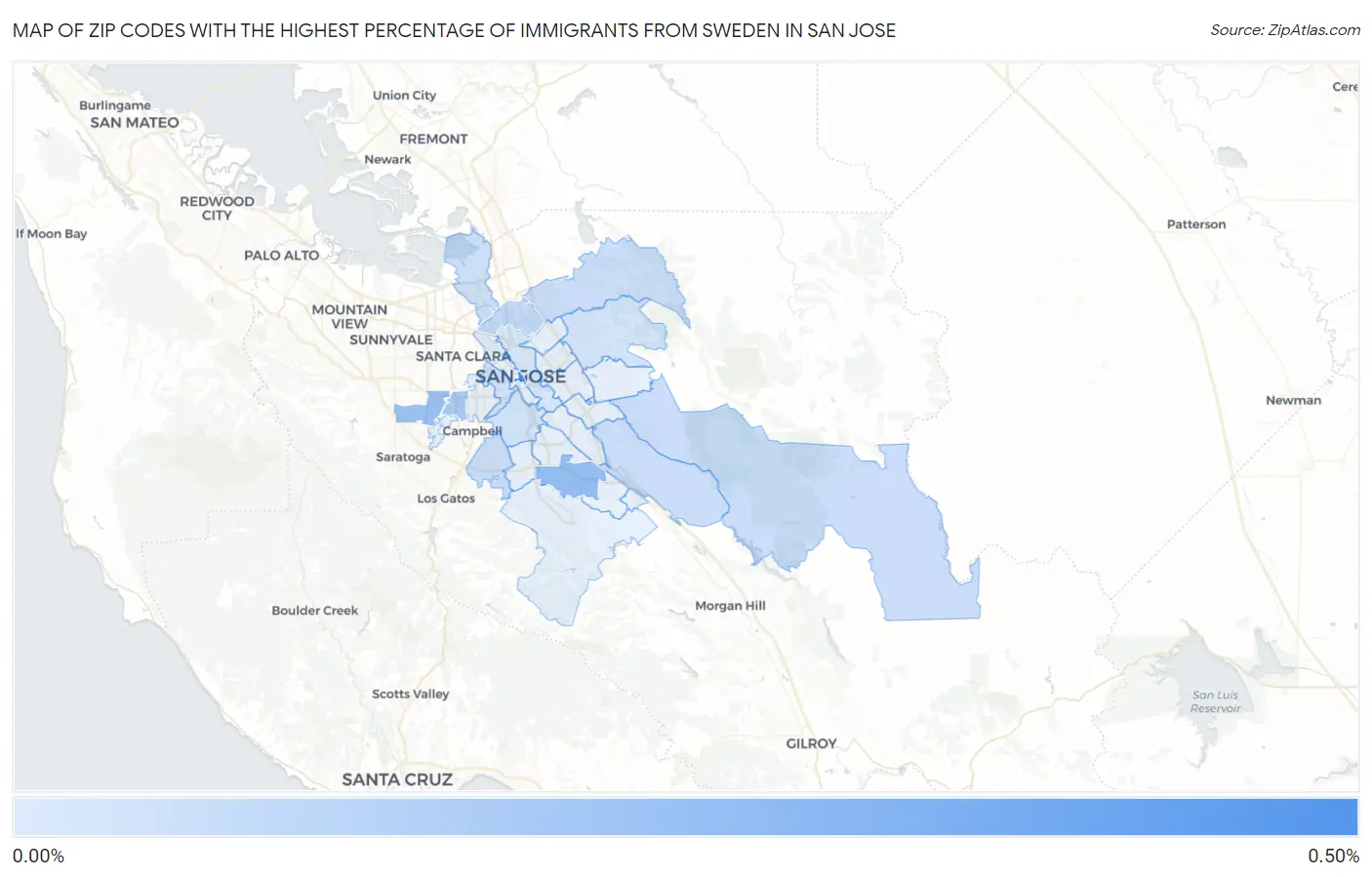 Zip Codes with the Highest Percentage of Immigrants from Sweden in San Jose Map