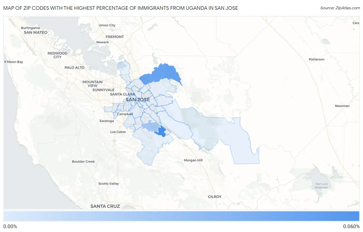 Zip Codes with the Highest Percentage of Immigrants from Uganda in San Jose Map
