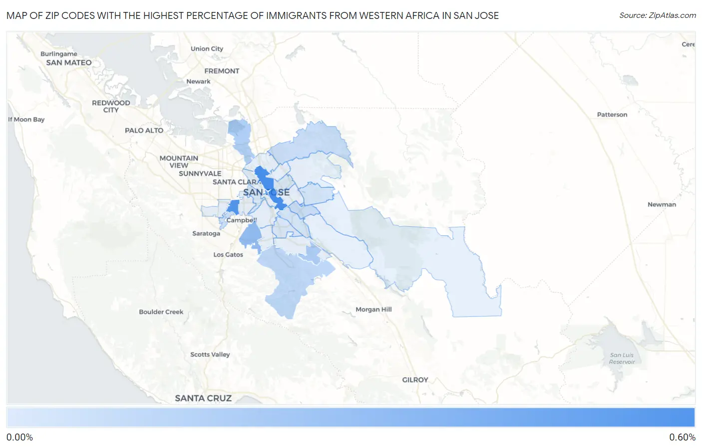 Zip Codes with the Highest Percentage of Immigrants from Western Africa in San Jose Map