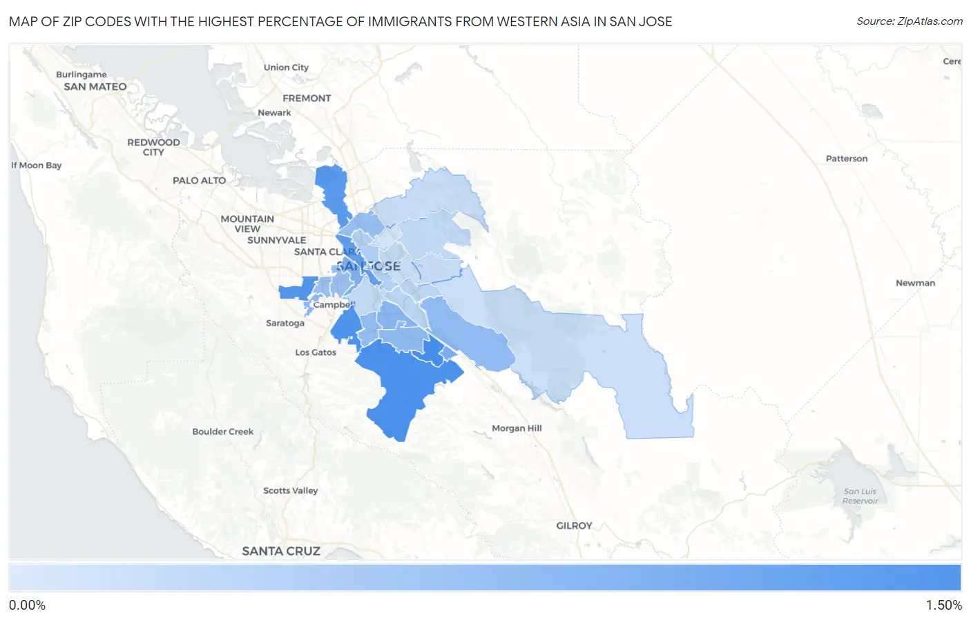 Zip Codes with the Highest Percentage of Immigrants from Western Asia in San Jose Map
