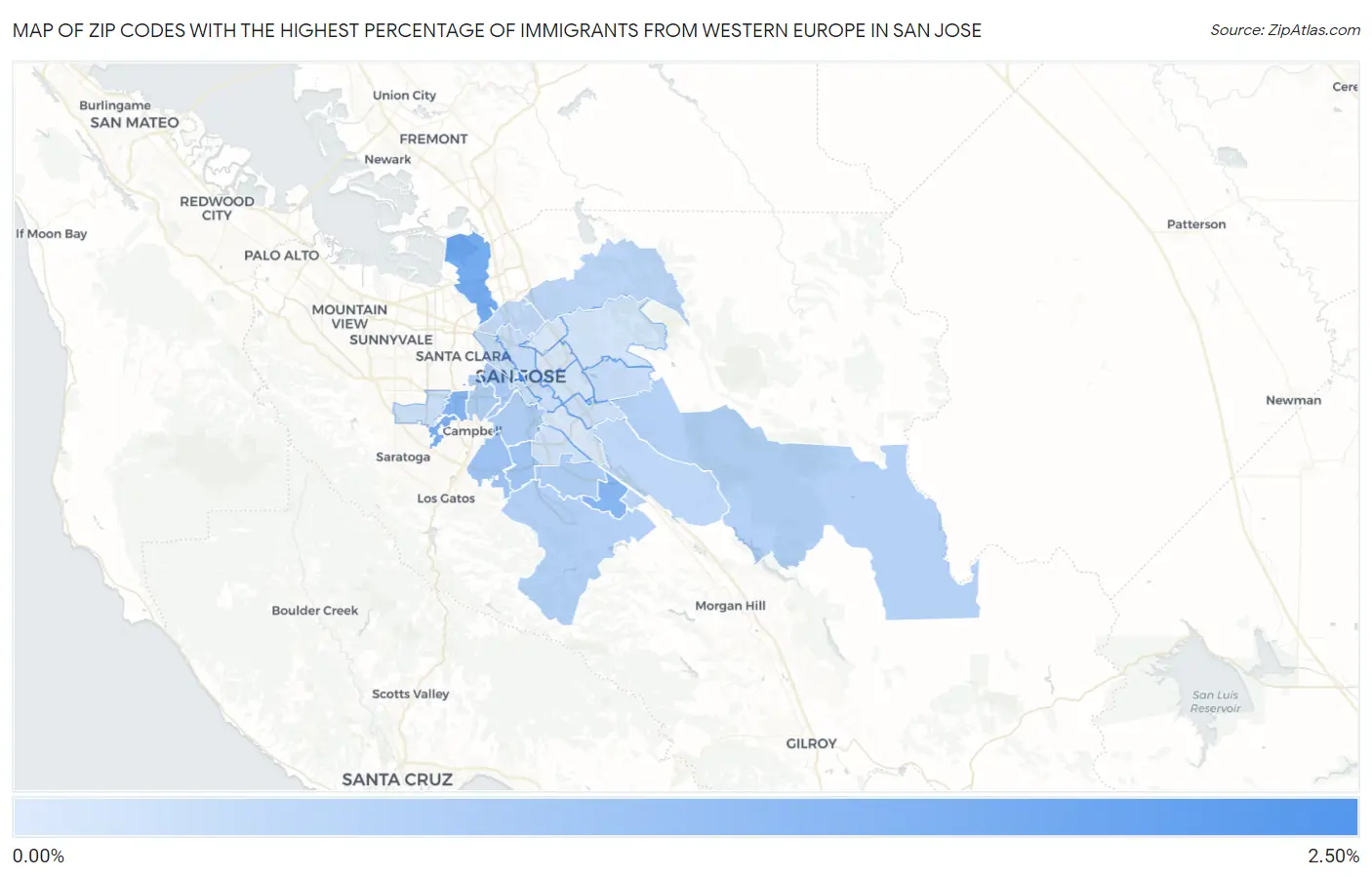 Zip Codes with the Highest Percentage of Immigrants from Western Europe in San Jose Map
