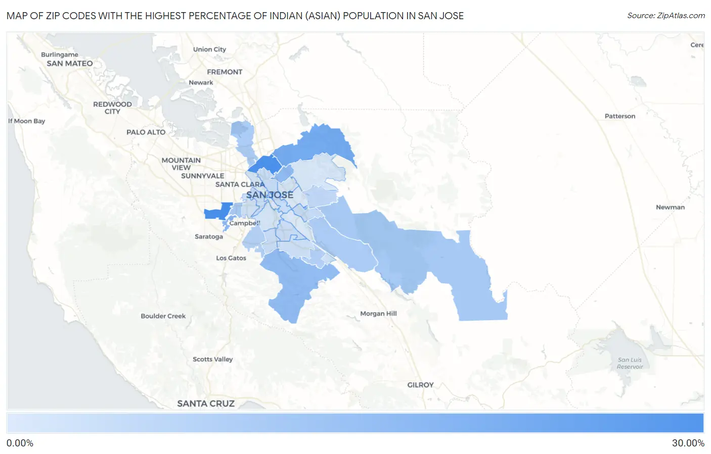Zip Codes with the Highest Percentage of Indian (Asian) Population in San Jose Map