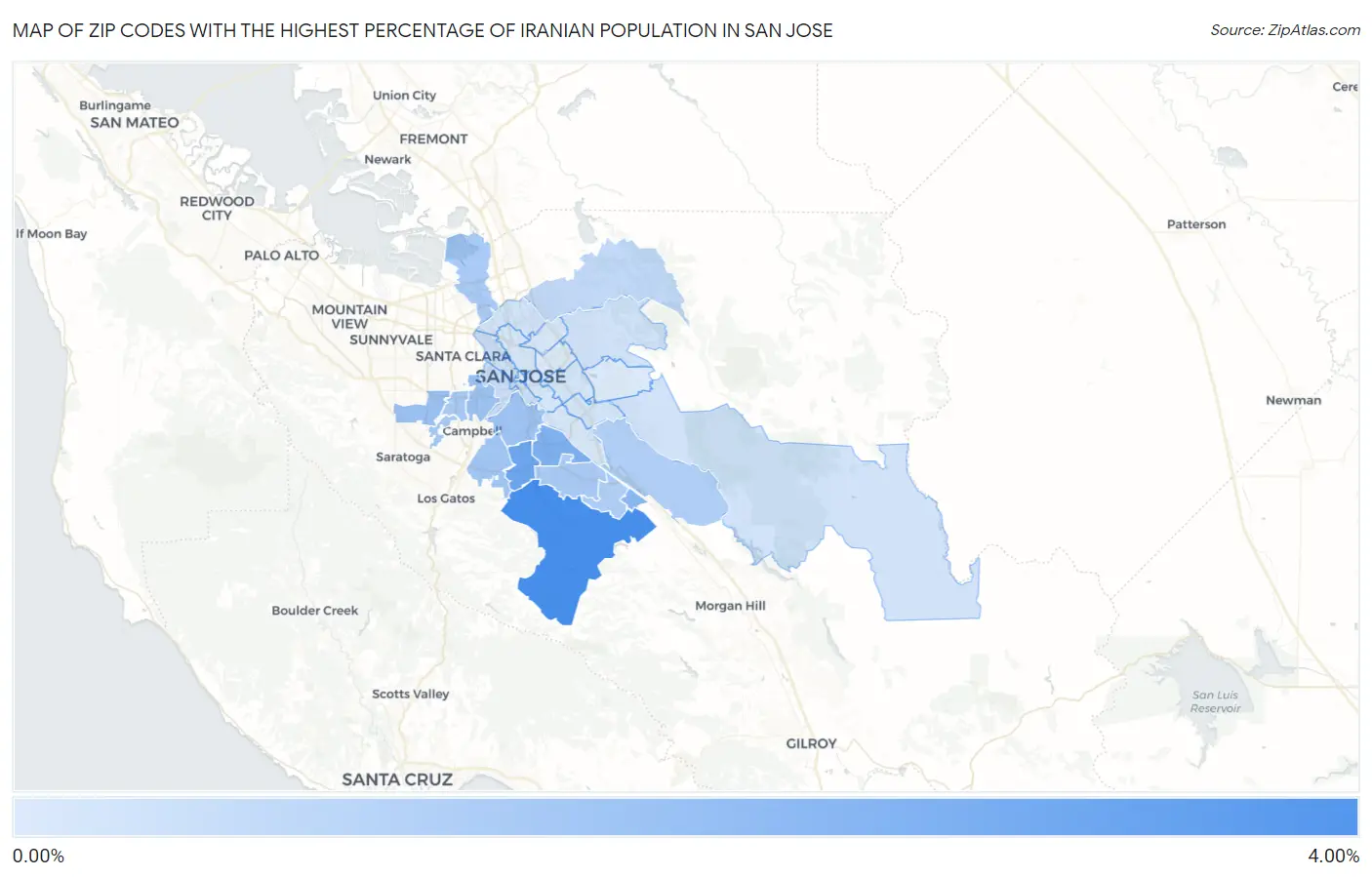 Zip Codes with the Highest Percentage of Iranian Population in San Jose Map