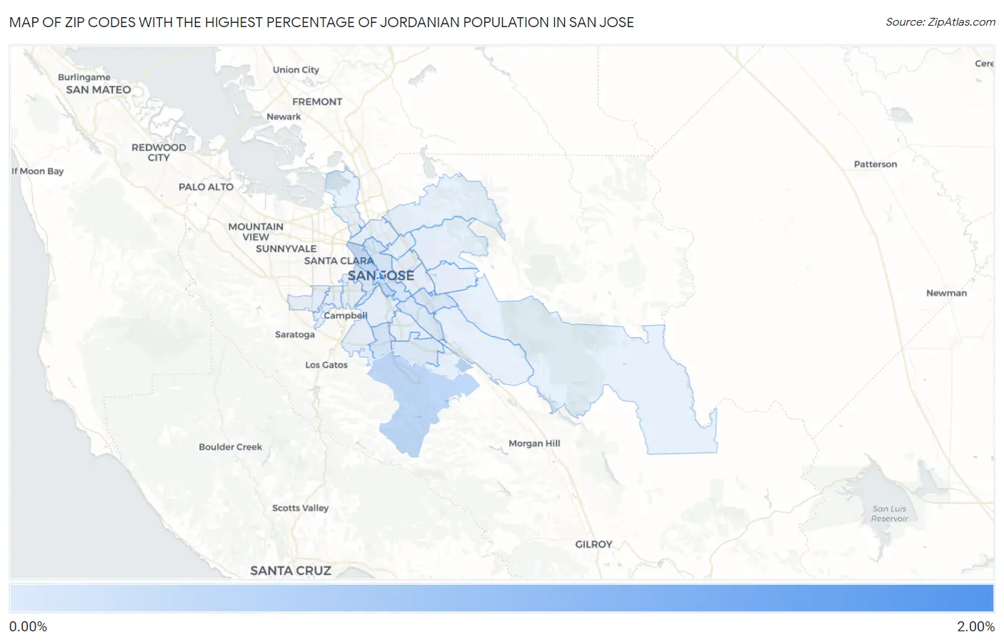 Zip Codes with the Highest Percentage of Jordanian Population in San Jose Map