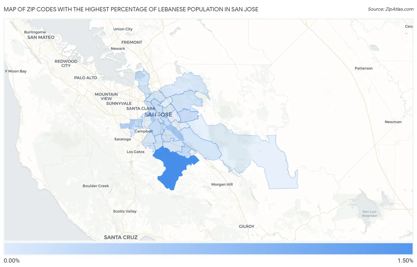 Zip Codes with the Highest Percentage of Lebanese Population in San Jose Map