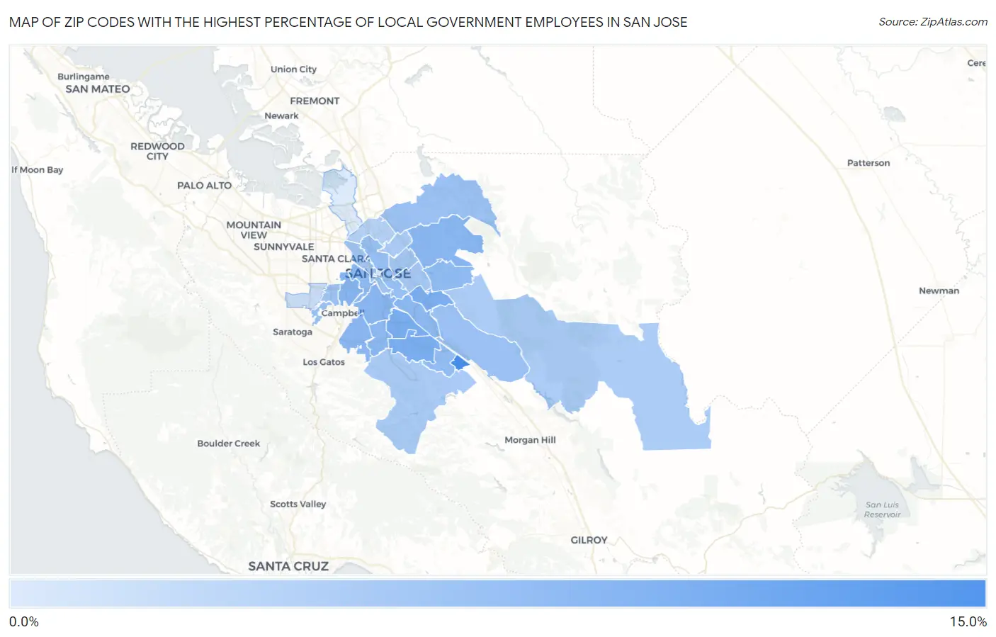 Zip Codes with the Highest Percentage of Local Government Employees in San Jose Map