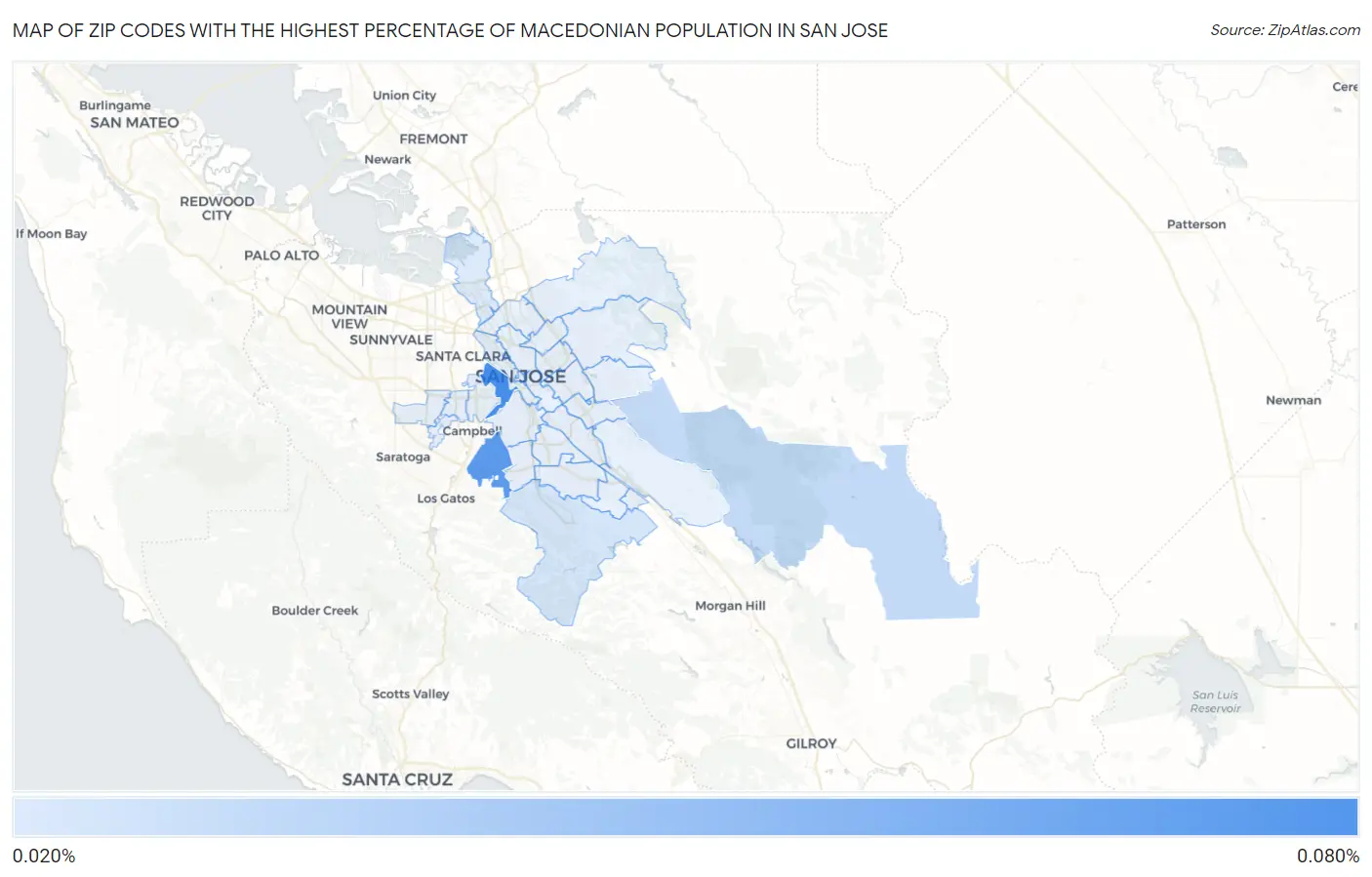 Zip Codes with the Highest Percentage of Macedonian Population in San Jose Map