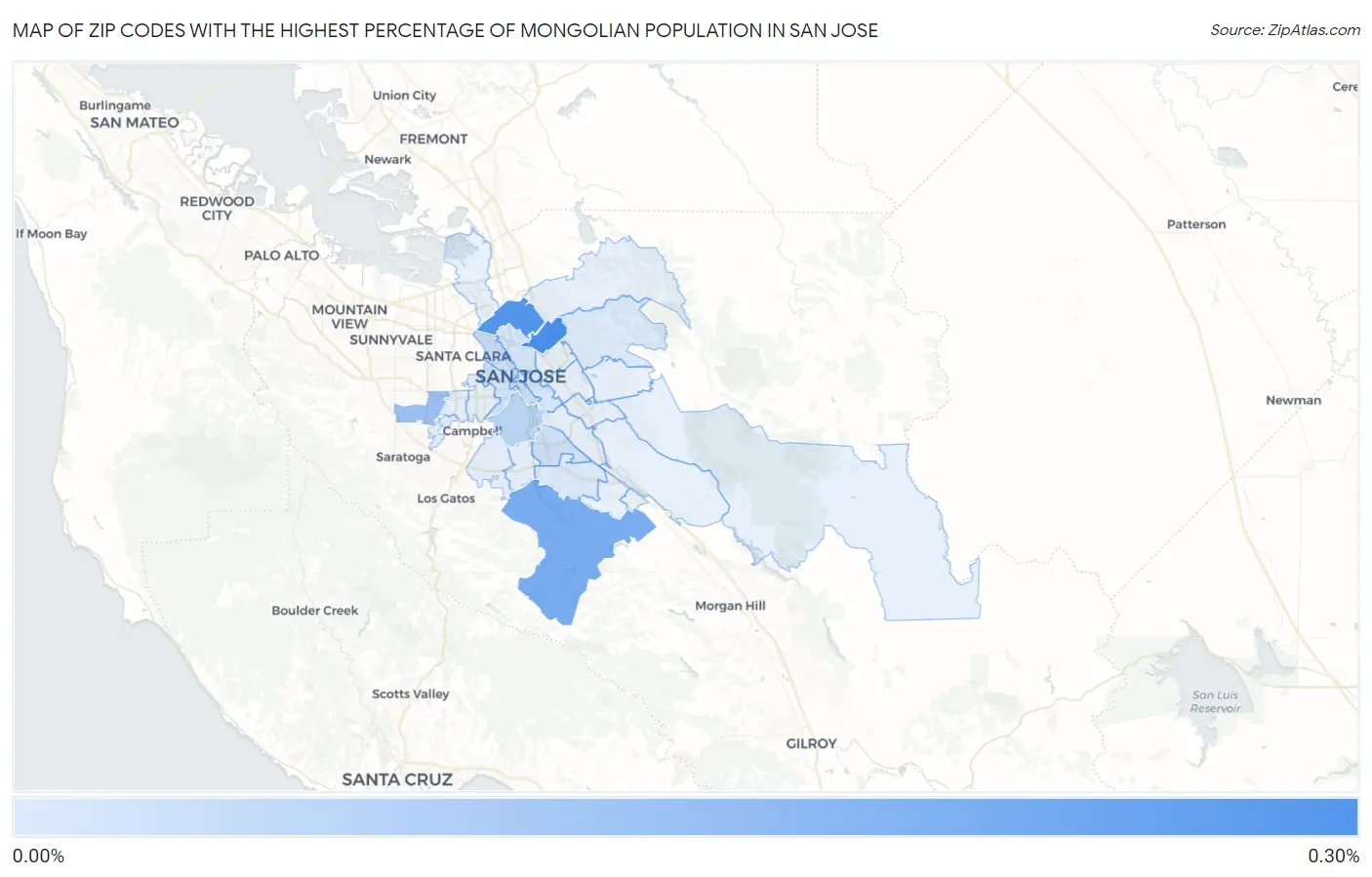 Zip Codes with the Highest Percentage of Mongolian Population in San Jose Map