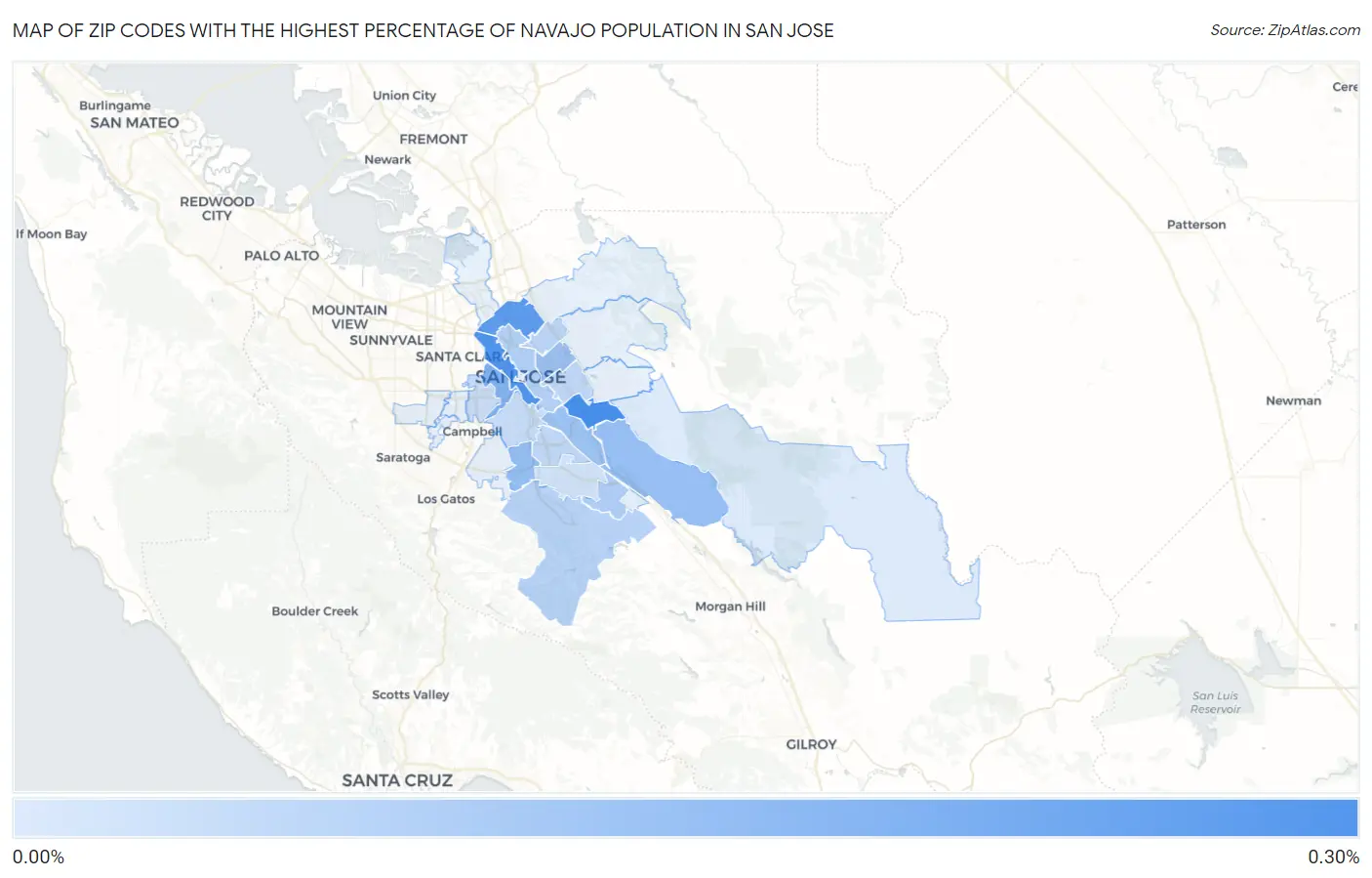 Zip Codes with the Highest Percentage of Navajo Population in San Jose Map