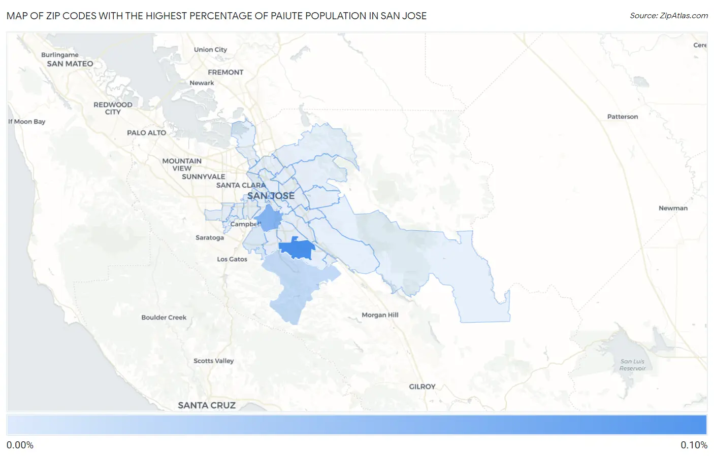 Zip Codes with the Highest Percentage of Paiute Population in San Jose Map