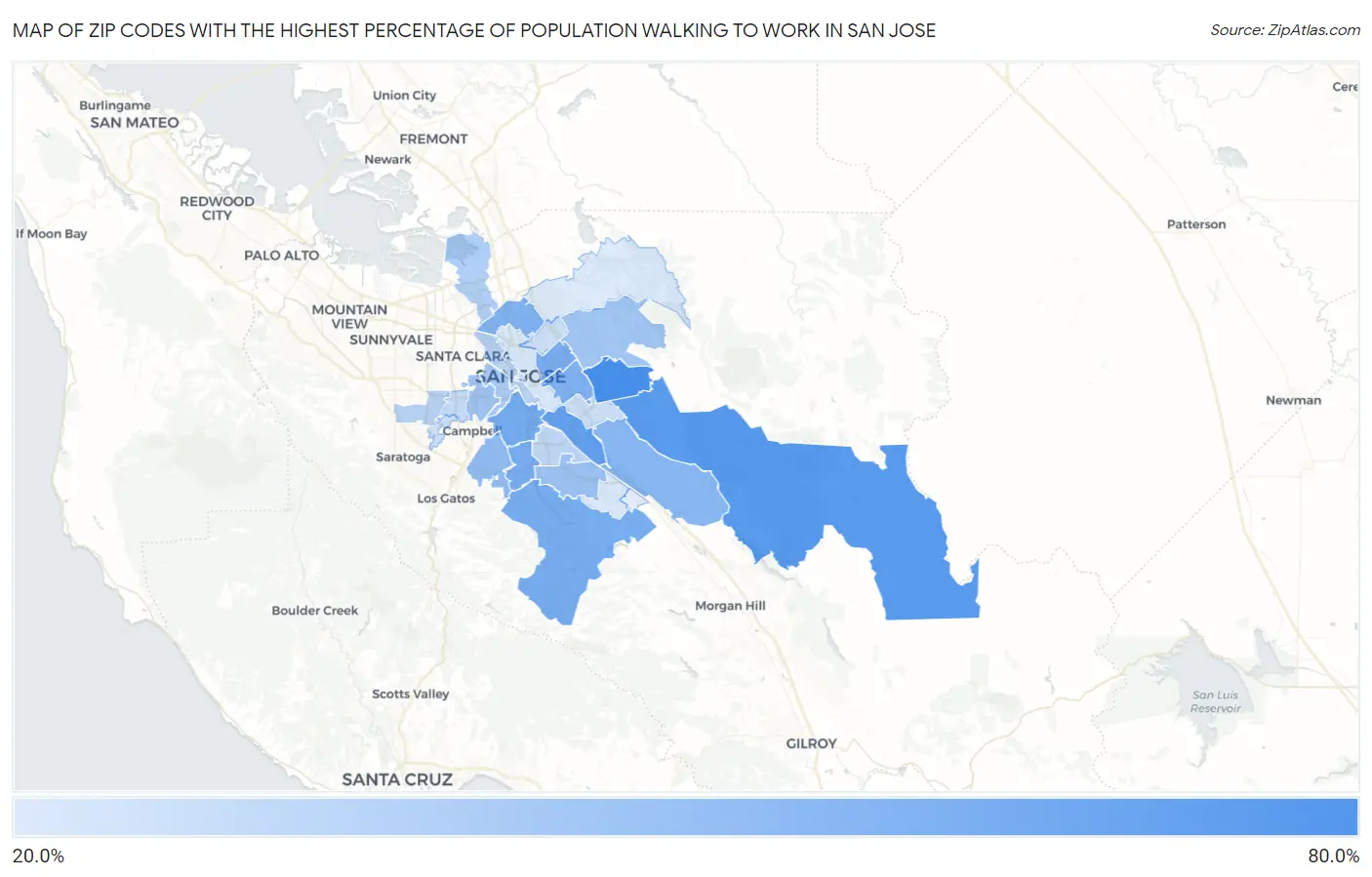 Zip Codes with the Highest Percentage of Population Walking to Work in San Jose Map