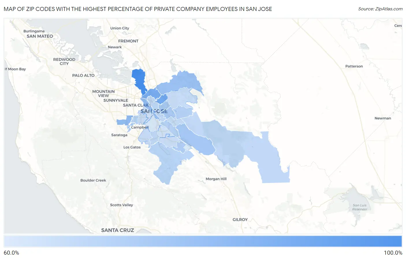 Zip Codes with the Highest Percentage of Private Company Employees in San Jose Map