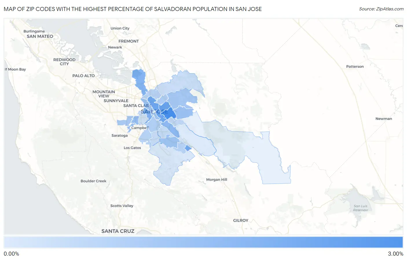 Zip Codes with the Highest Percentage of Salvadoran Population in San Jose Map