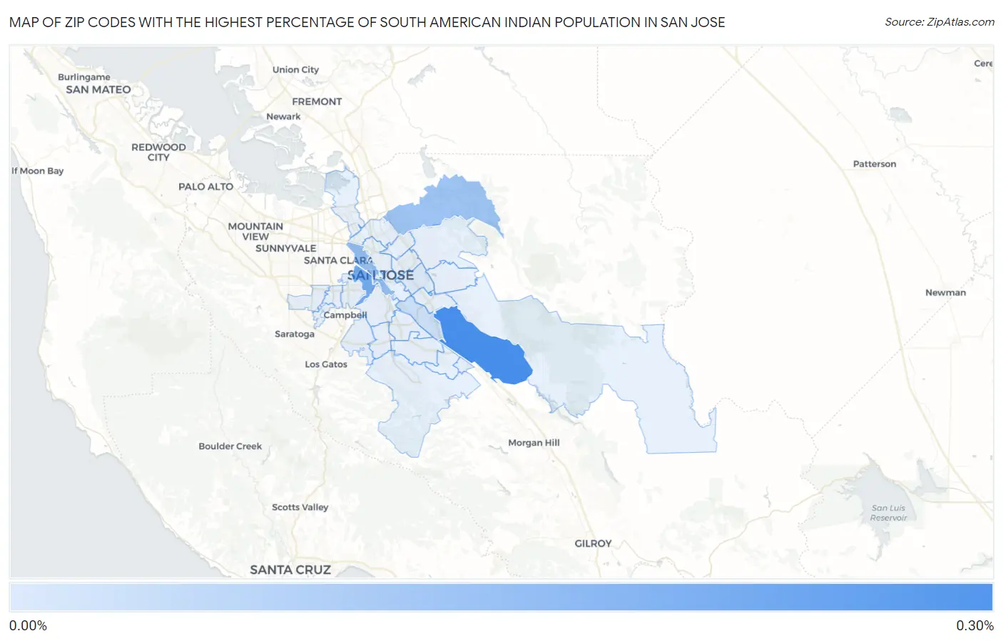 Zip Codes with the Highest Percentage of South American Indian Population in San Jose Map