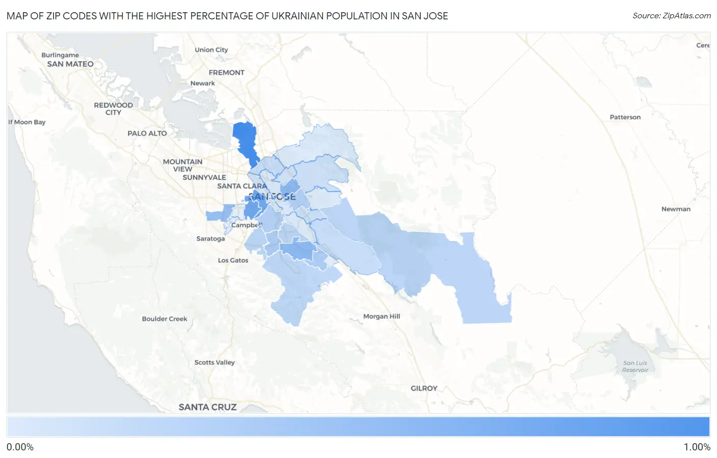 Zip Codes with the Highest Percentage of Ukrainian Population in San Jose Map