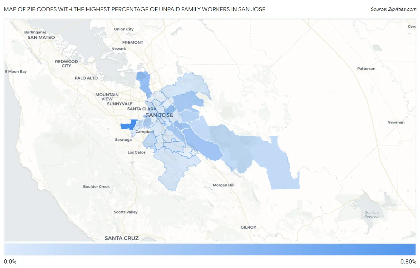 Zip Codes with the Highest Percentage of Unpaid Family Workers in San Jose Map