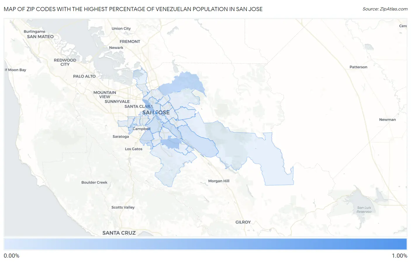 Zip Codes with the Highest Percentage of Venezuelan Population in San Jose Map
