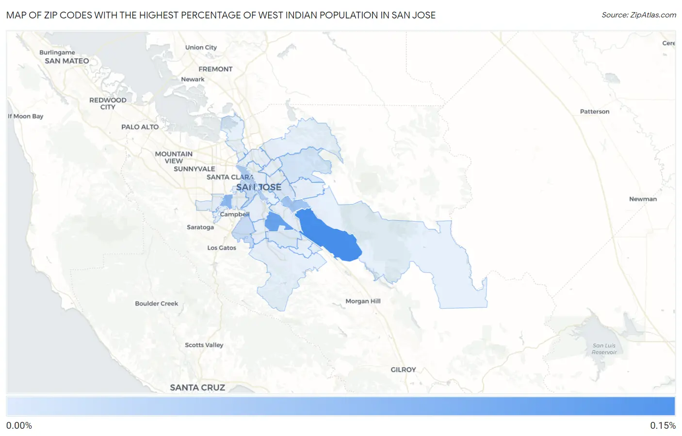 Zip Codes with the Highest Percentage of West Indian Population in San Jose Map