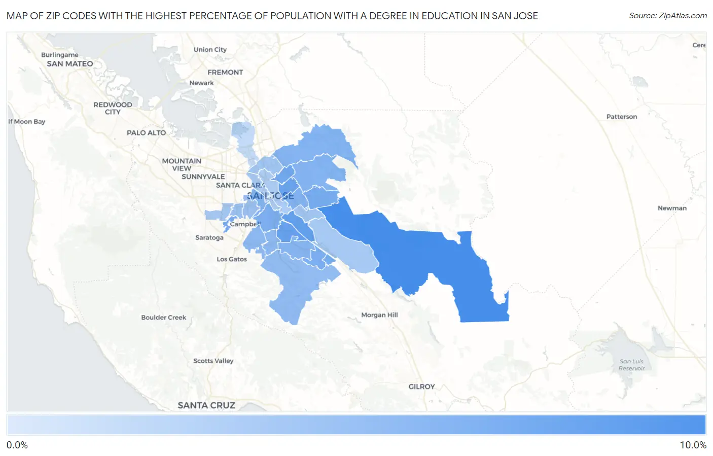 Zip Codes with the Highest Percentage of Population with a Degree in Education in San Jose Map