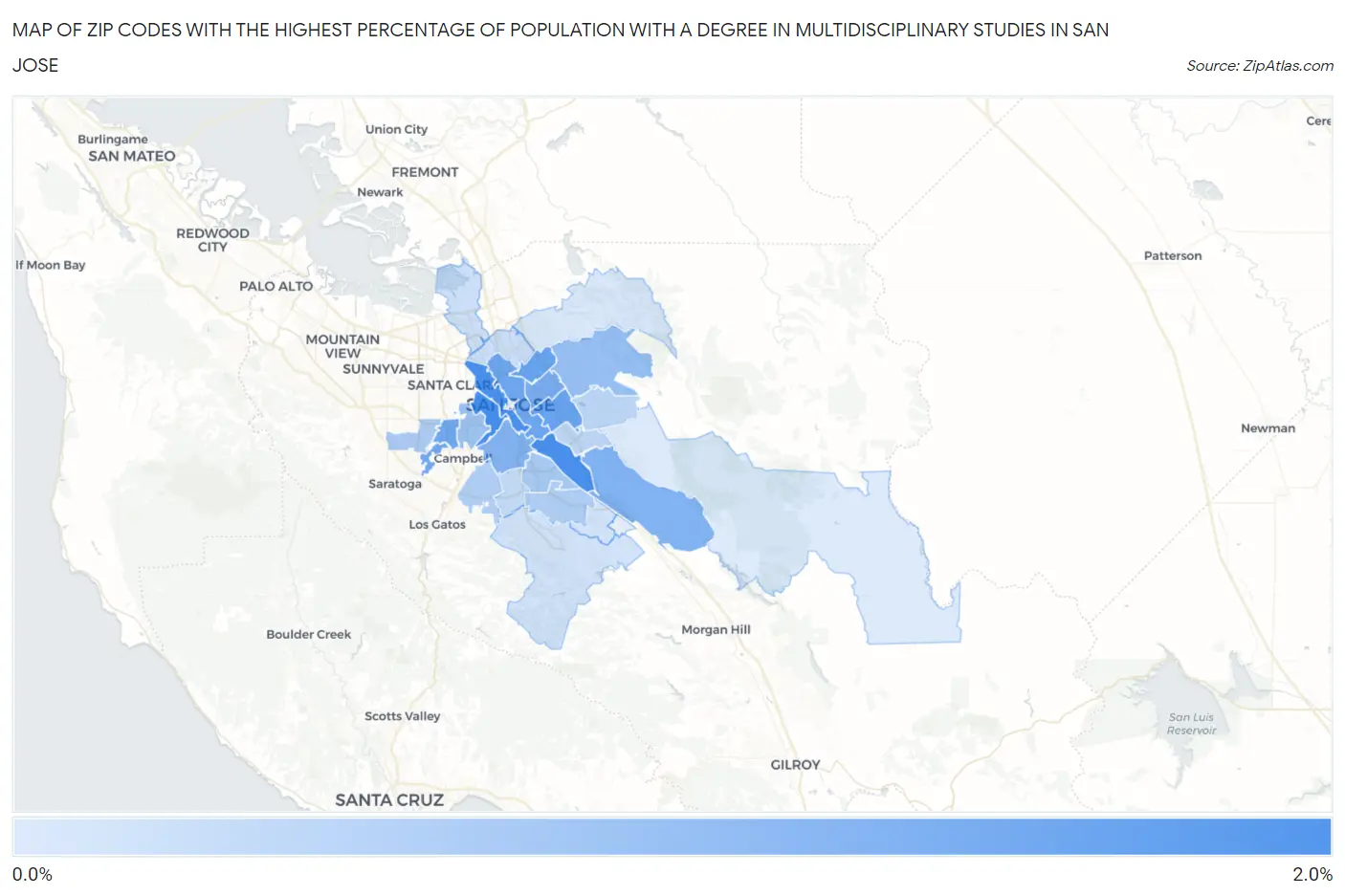 Zip Codes with the Highest Percentage of Population with a Degree in Multidisciplinary Studies in San Jose Map