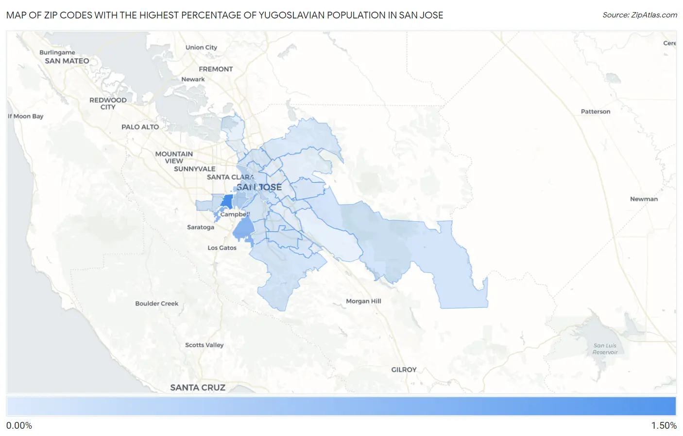 Zip Codes with the Highest Percentage of Yugoslavian Population in San Jose Map