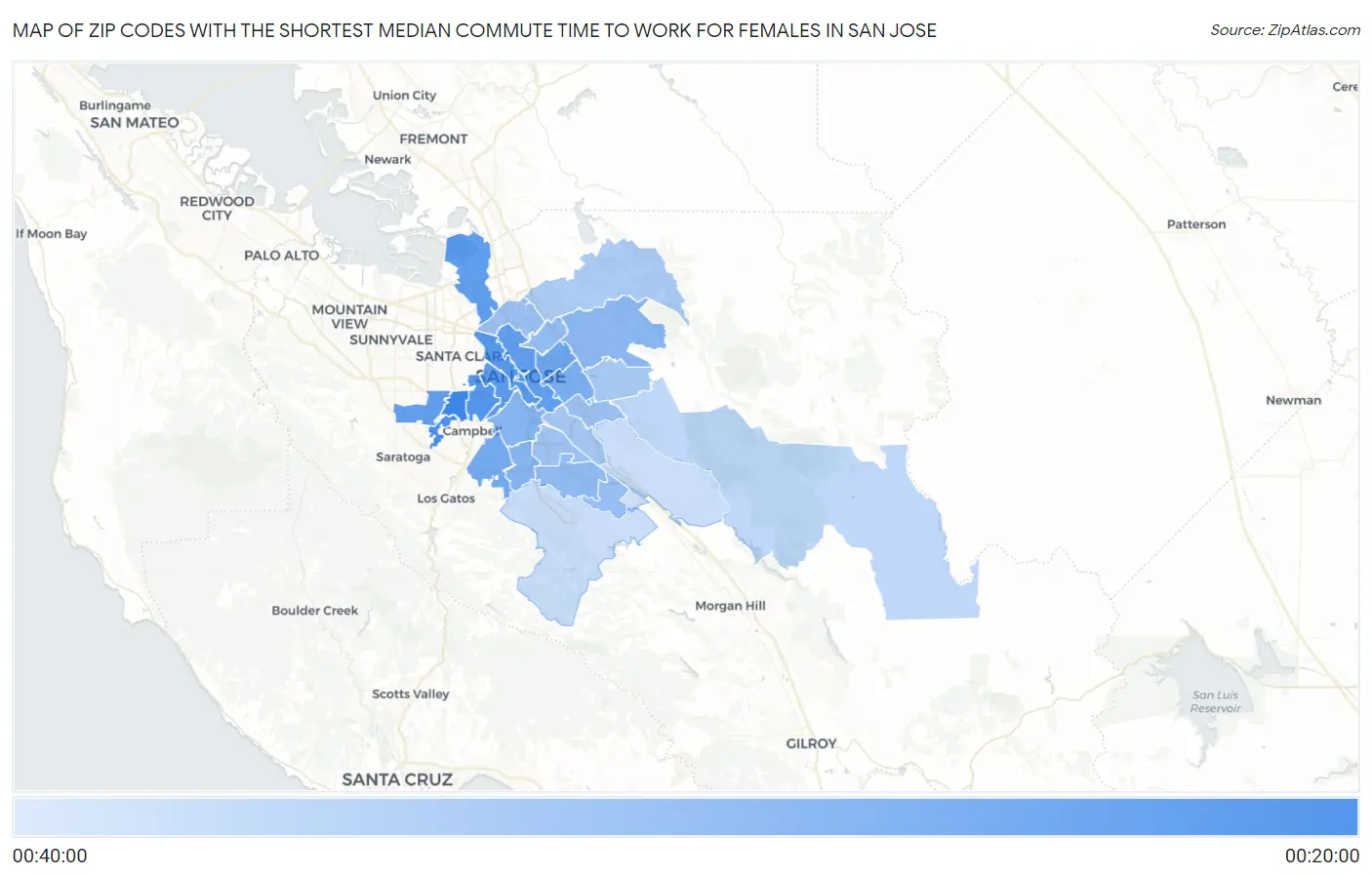 Zip Codes with the Shortest Median Commute Time to Work for Females in San Jose Map