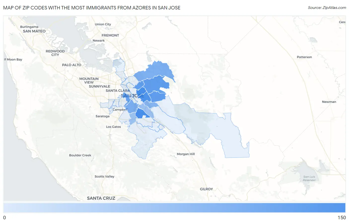 Zip Codes with the Most Immigrants from Azores in San Jose Map