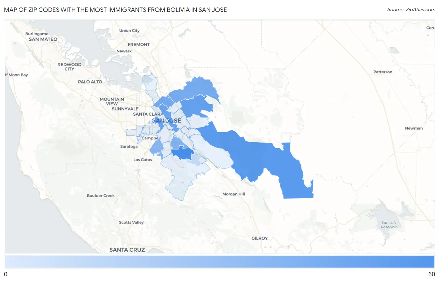 Zip Codes with the Most Immigrants from Bolivia in San Jose Map