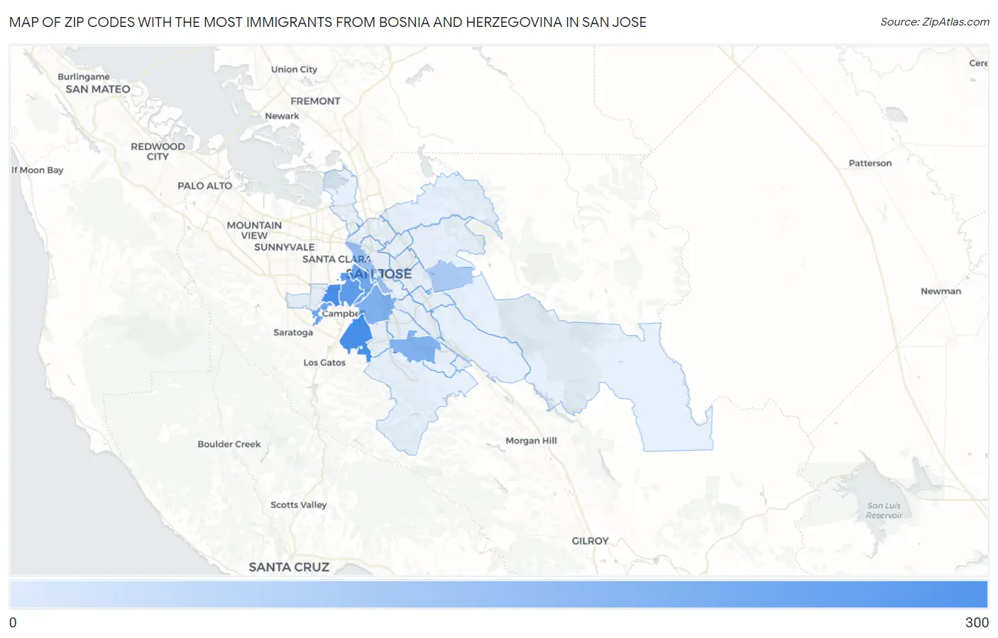 Zip Codes with the Most Immigrants from Bosnia and Herzegovina in San Jose Map