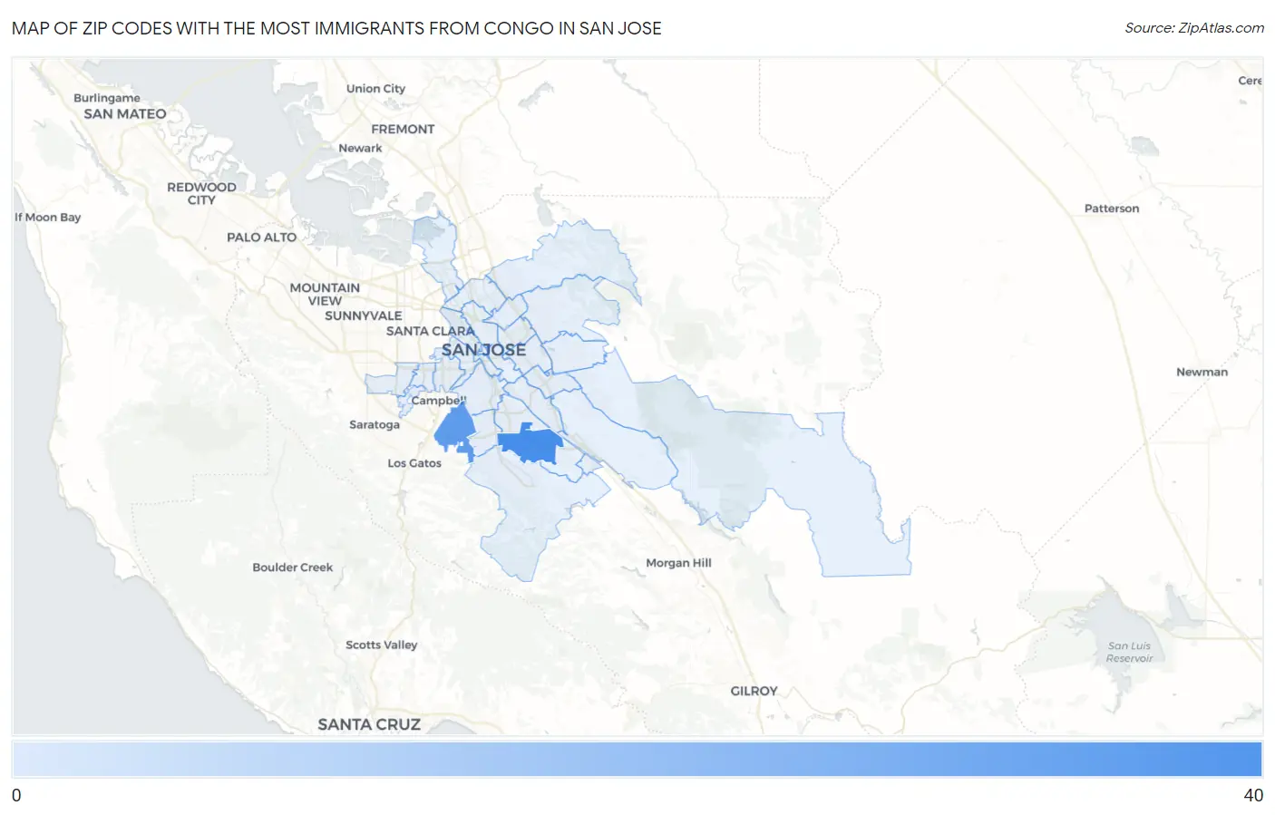 Zip Codes with the Most Immigrants from Congo in San Jose Map