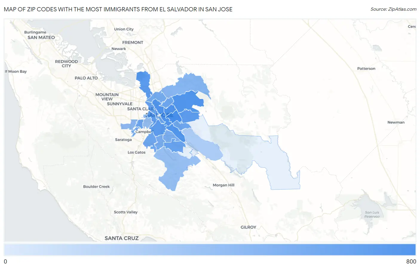 Zip Codes with the Most Immigrants from El Salvador in San Jose Map