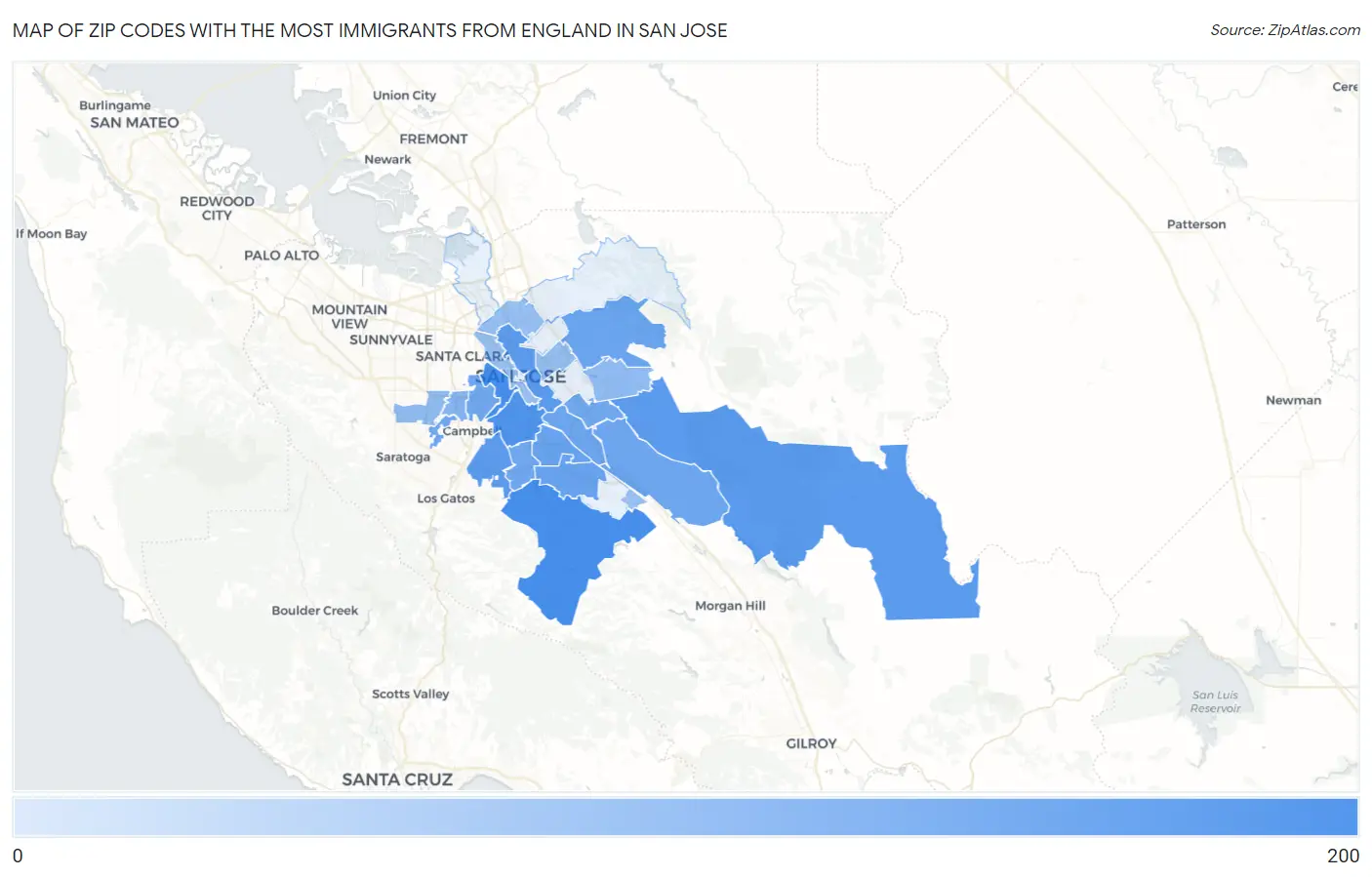 Zip Codes with the Most Immigrants from England in San Jose Map