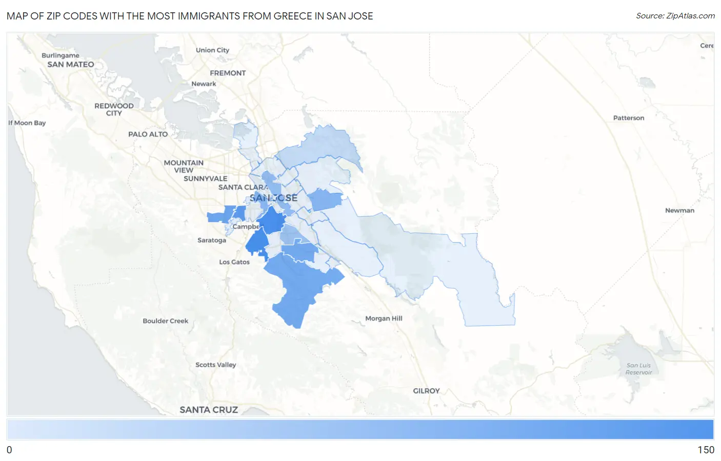 Zip Codes with the Most Immigrants from Greece in San Jose Map