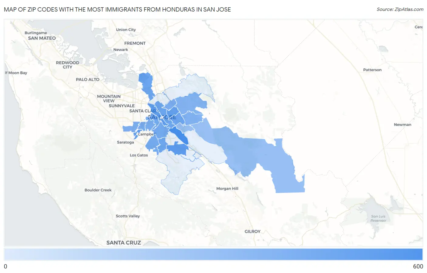 Zip Codes with the Most Immigrants from Honduras in San Jose Map