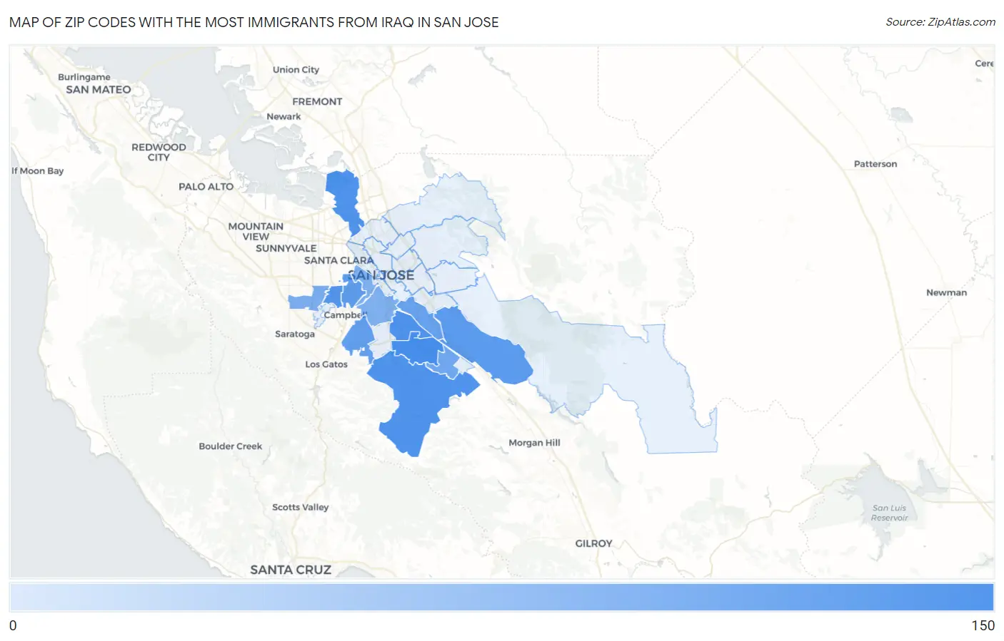 Zip Codes with the Most Immigrants from Iraq in San Jose Map