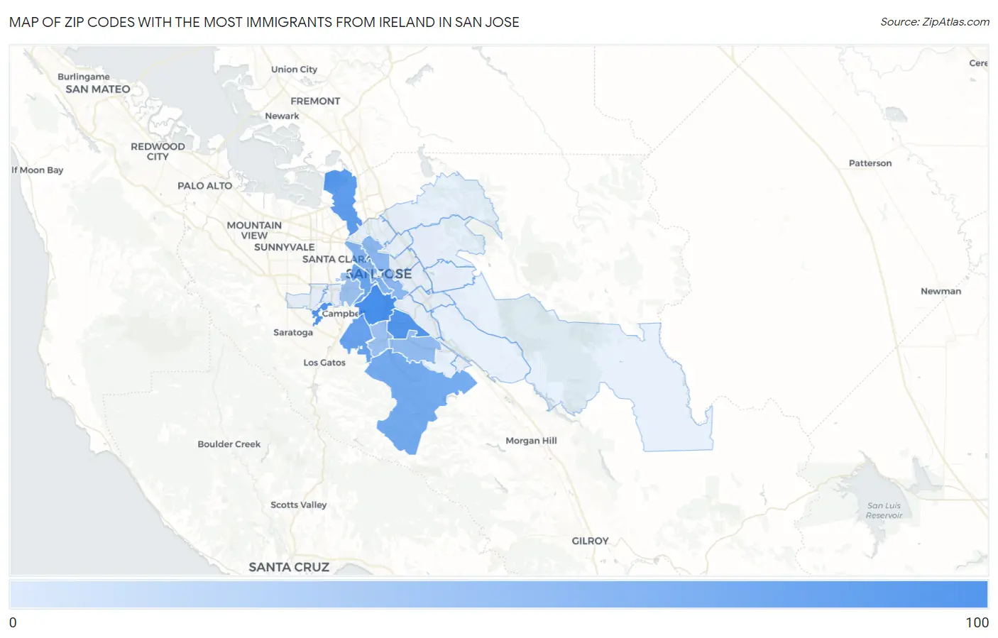 Zip Codes with the Most Immigrants from Ireland in San Jose Map