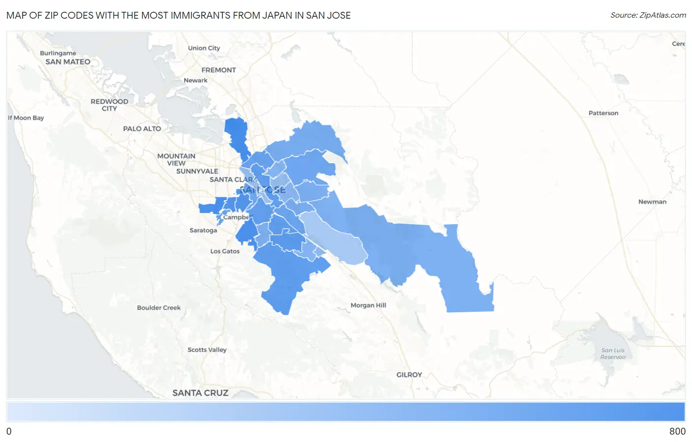 Zip Codes with the Most Immigrants from Japan in San Jose Map