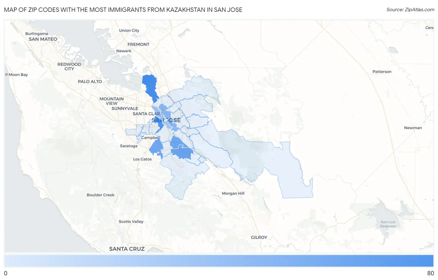 Zip Codes with the Most Immigrants from Kazakhstan in San Jose Map