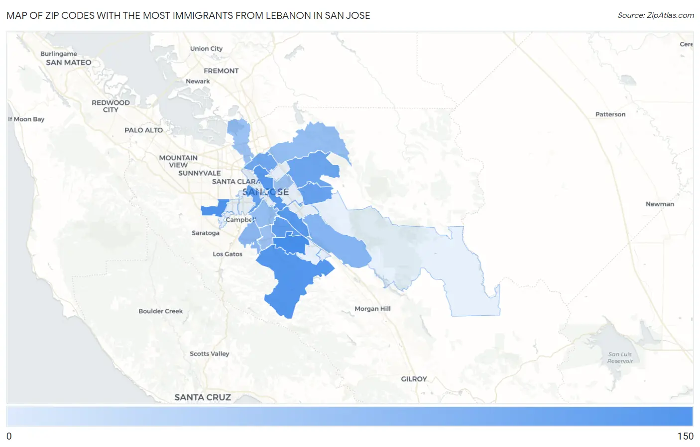 Zip Codes with the Most Immigrants from Lebanon in San Jose Map