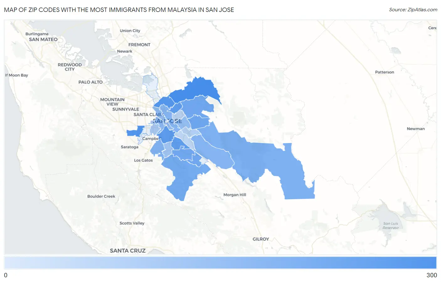 Zip Codes with the Most Immigrants from Malaysia in San Jose Map