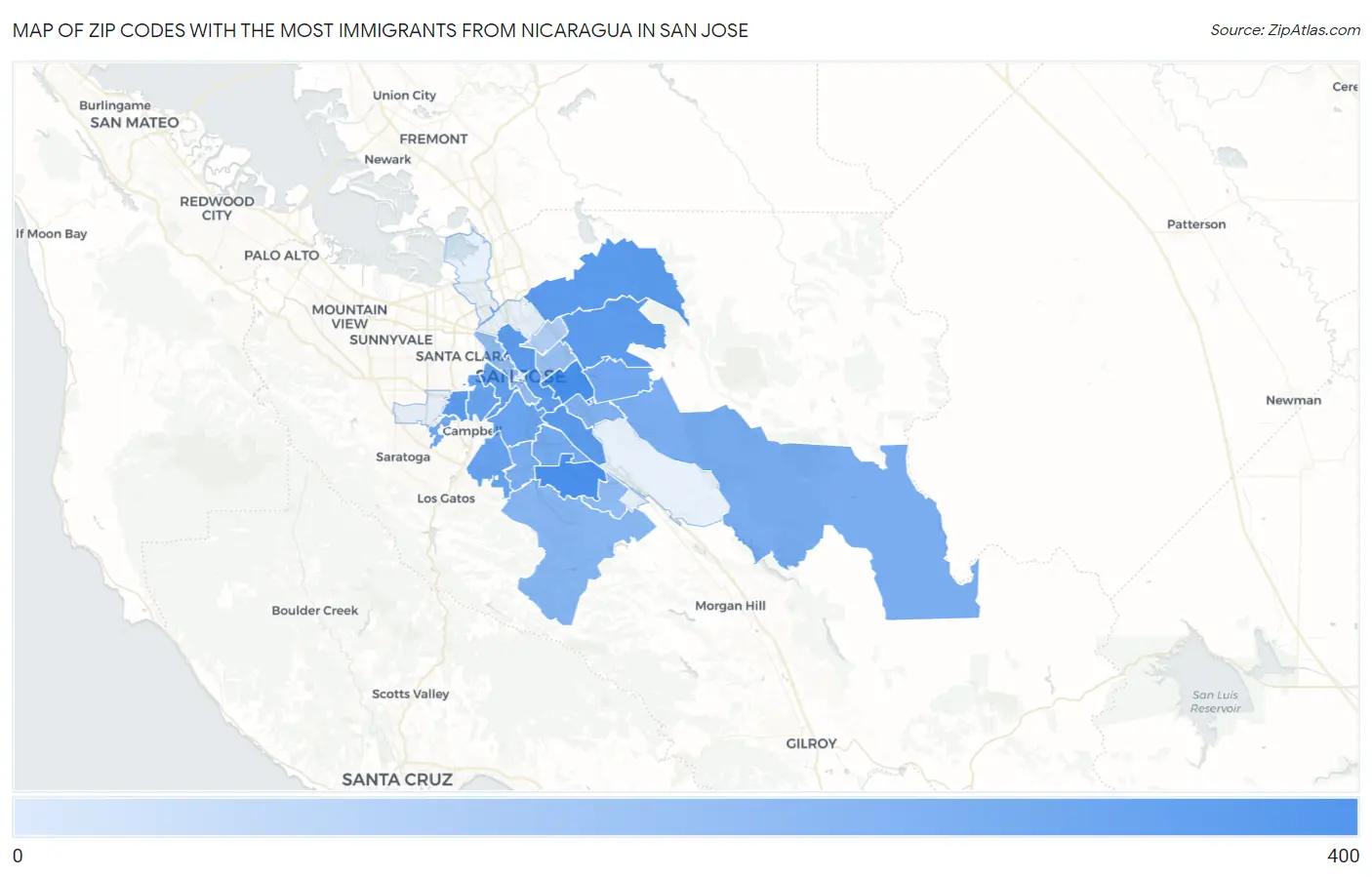 Zip Codes with the Most Immigrants from Nicaragua in San Jose Map