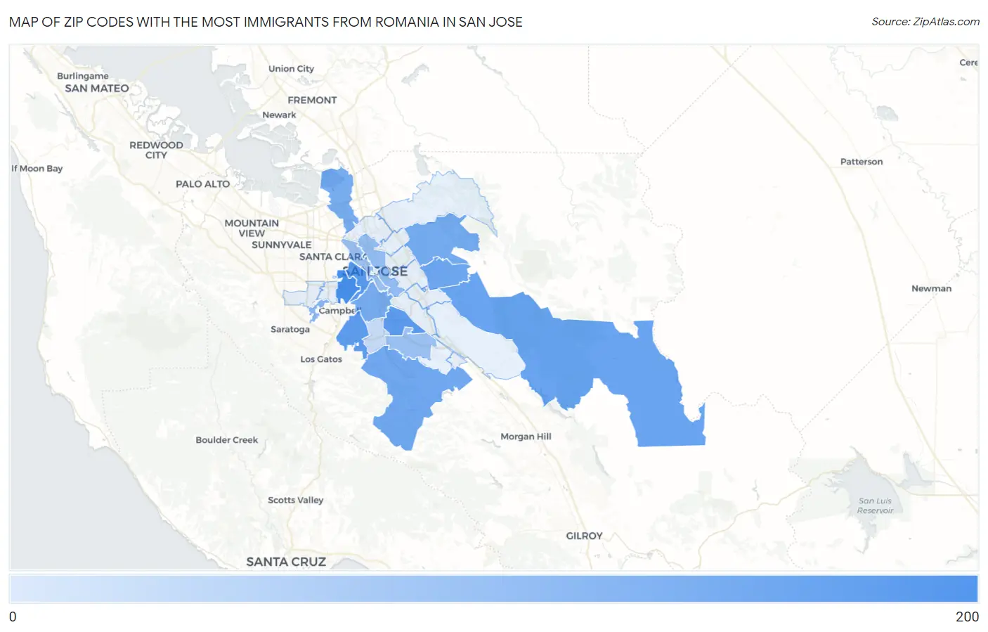 Zip Codes with the Most Immigrants from Romania in San Jose Map