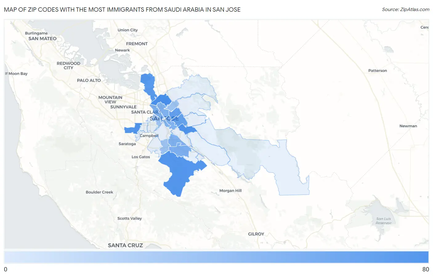Zip Codes with the Most Immigrants from Saudi Arabia in San Jose Map