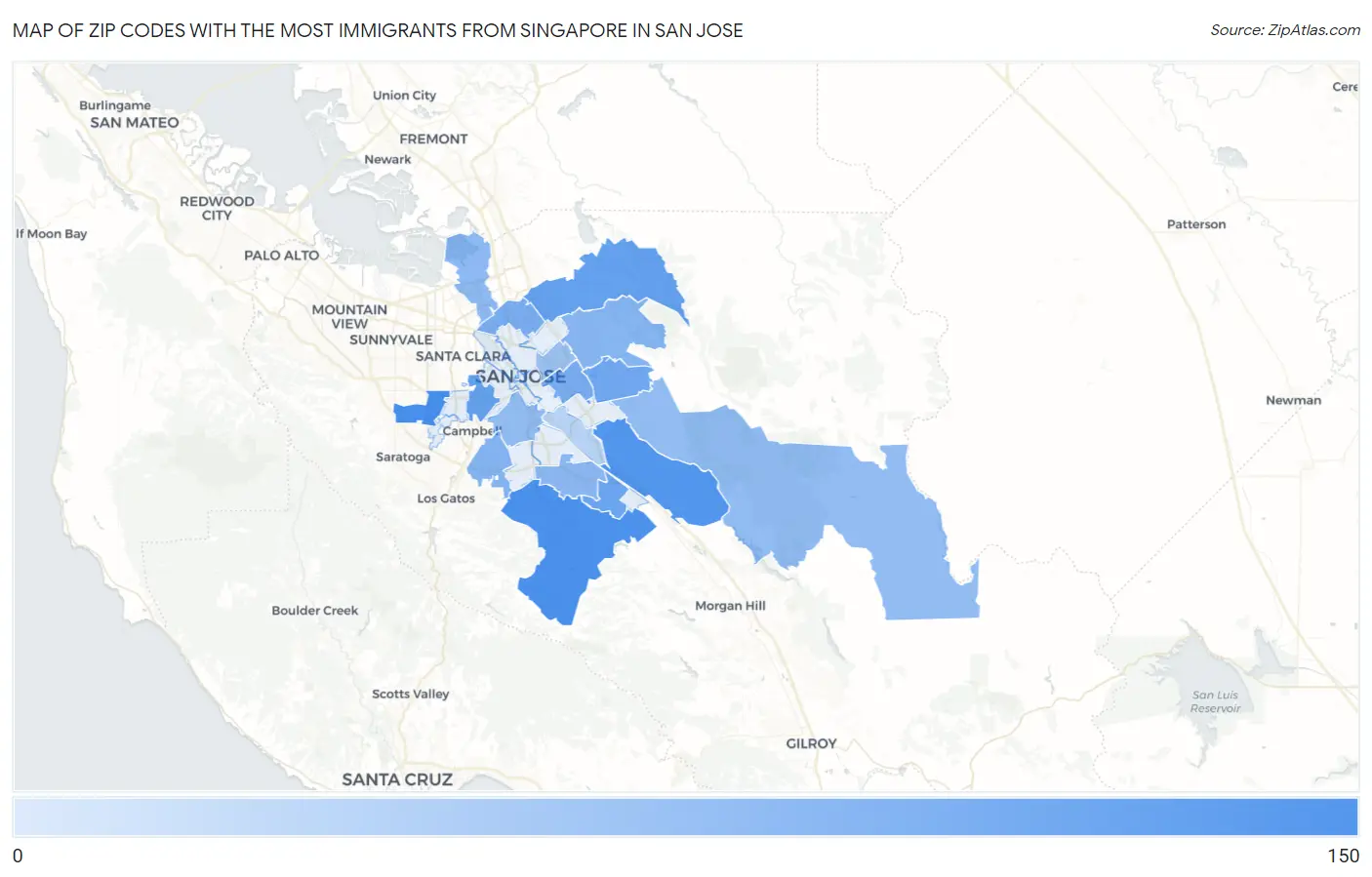 Zip Codes with the Most Immigrants from Singapore in San Jose Map