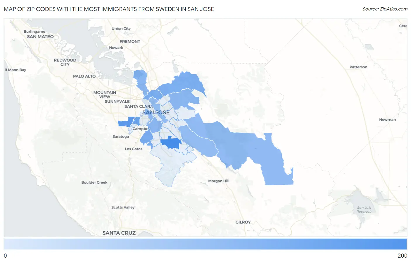 Zip Codes with the Most Immigrants from Sweden in San Jose Map
