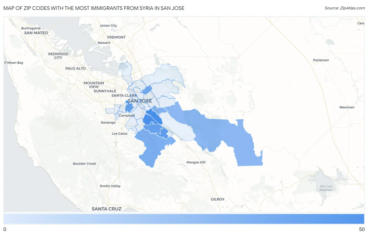 Zip Codes with the Most Immigrants from Syria in San Jose Map