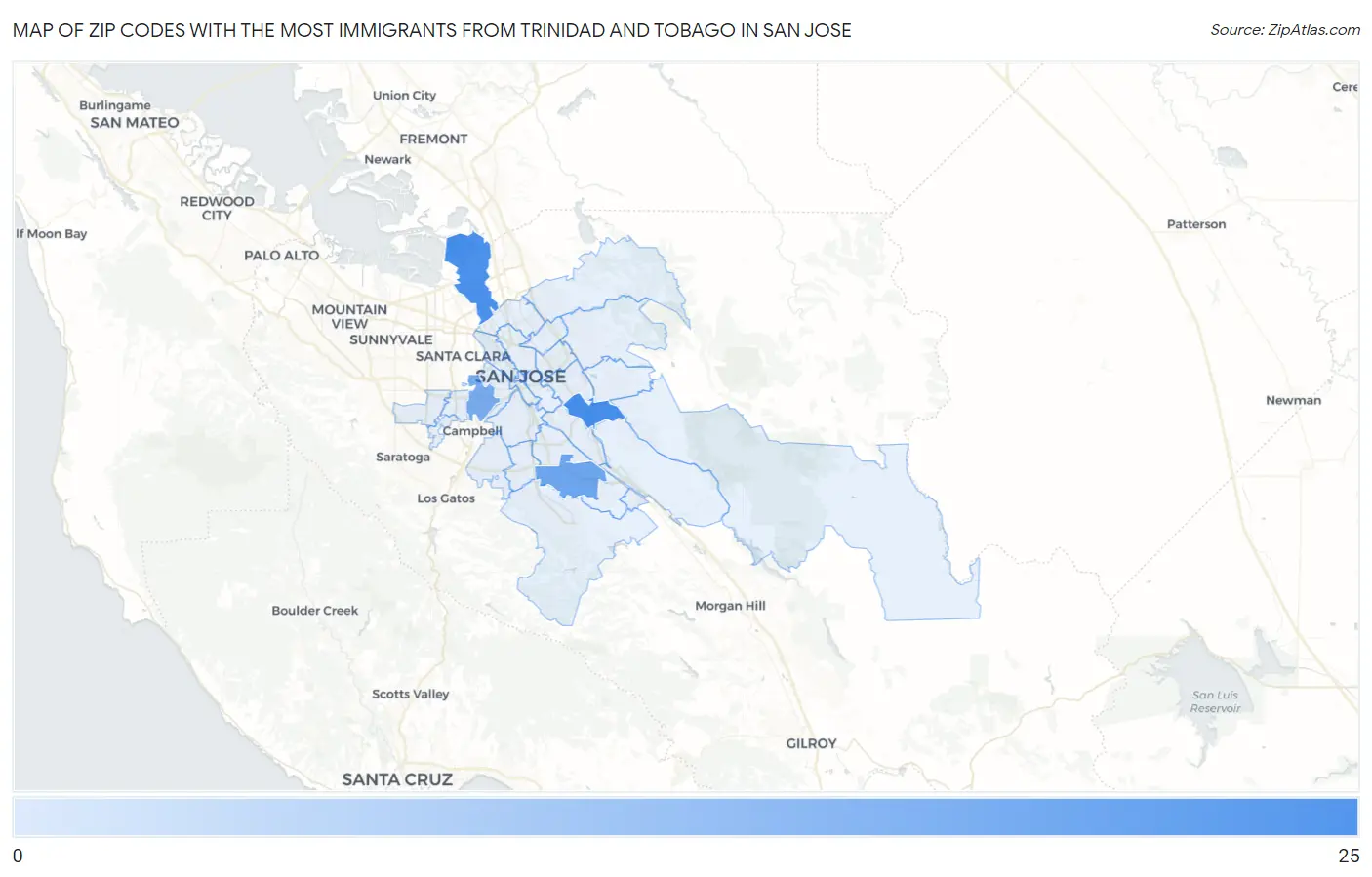 Zip Codes with the Most Immigrants from Trinidad and Tobago in San Jose Map