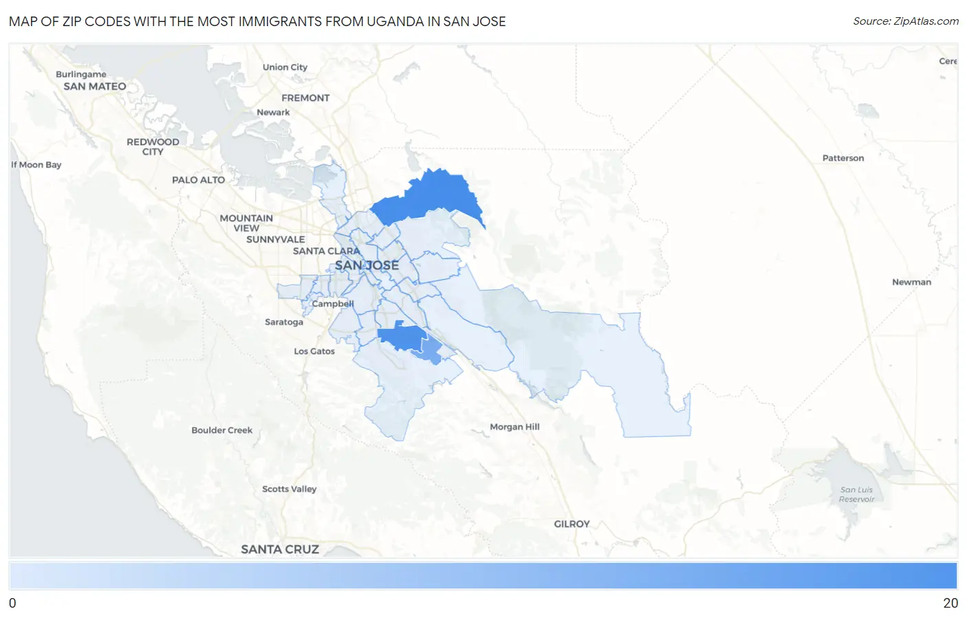 Zip Codes with the Most Immigrants from Uganda in San Jose Map