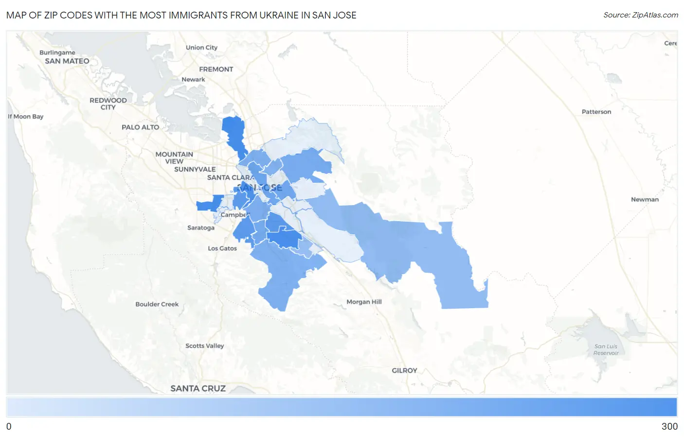 Zip Codes with the Most Immigrants from Ukraine in San Jose Map