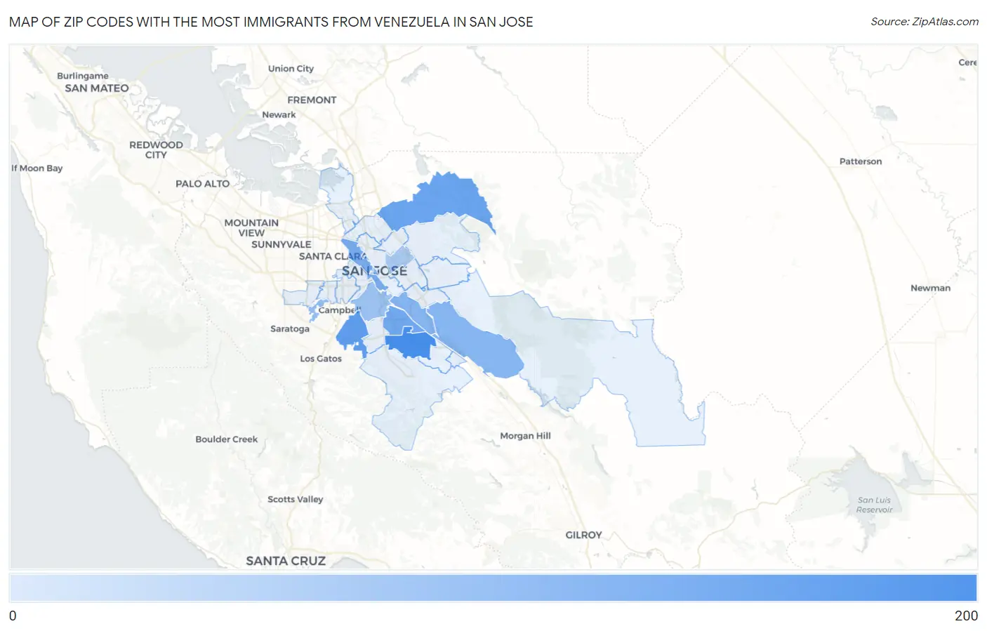 Zip Codes with the Most Immigrants from Venezuela in San Jose Map